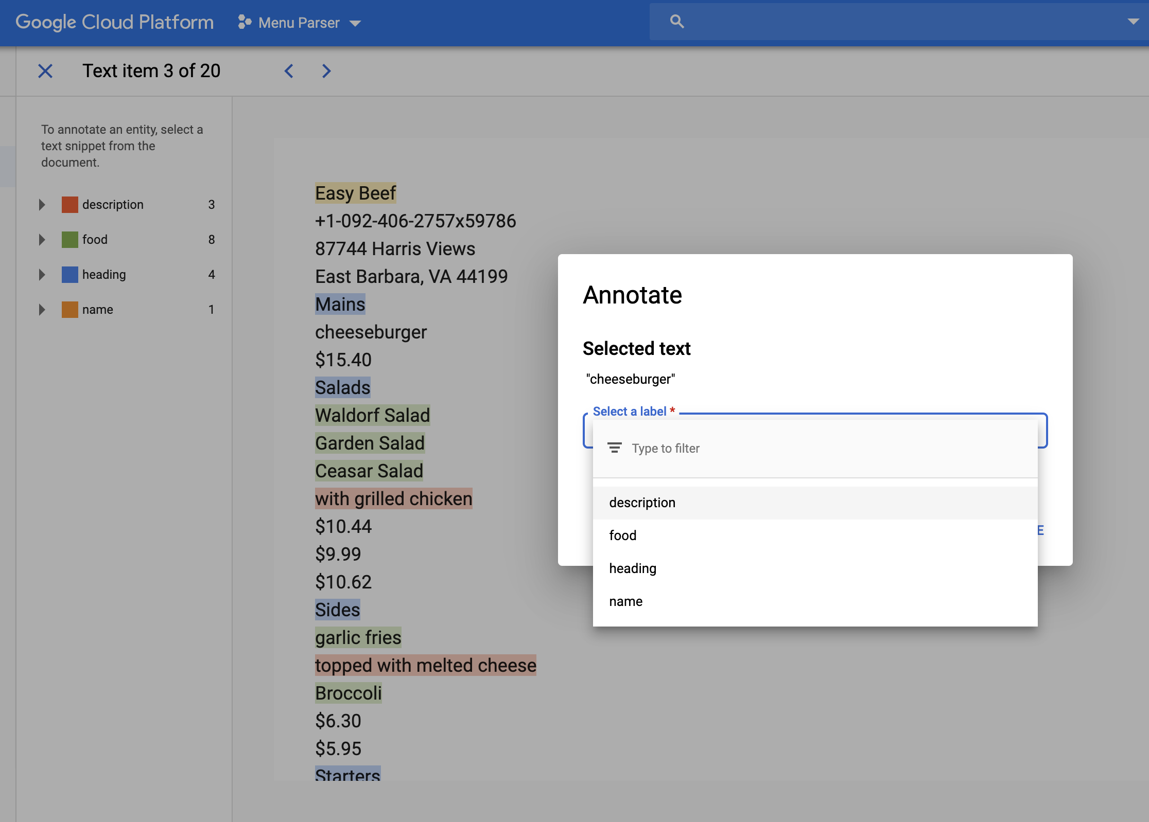 Hand-labeling menus using the AutoML editor.