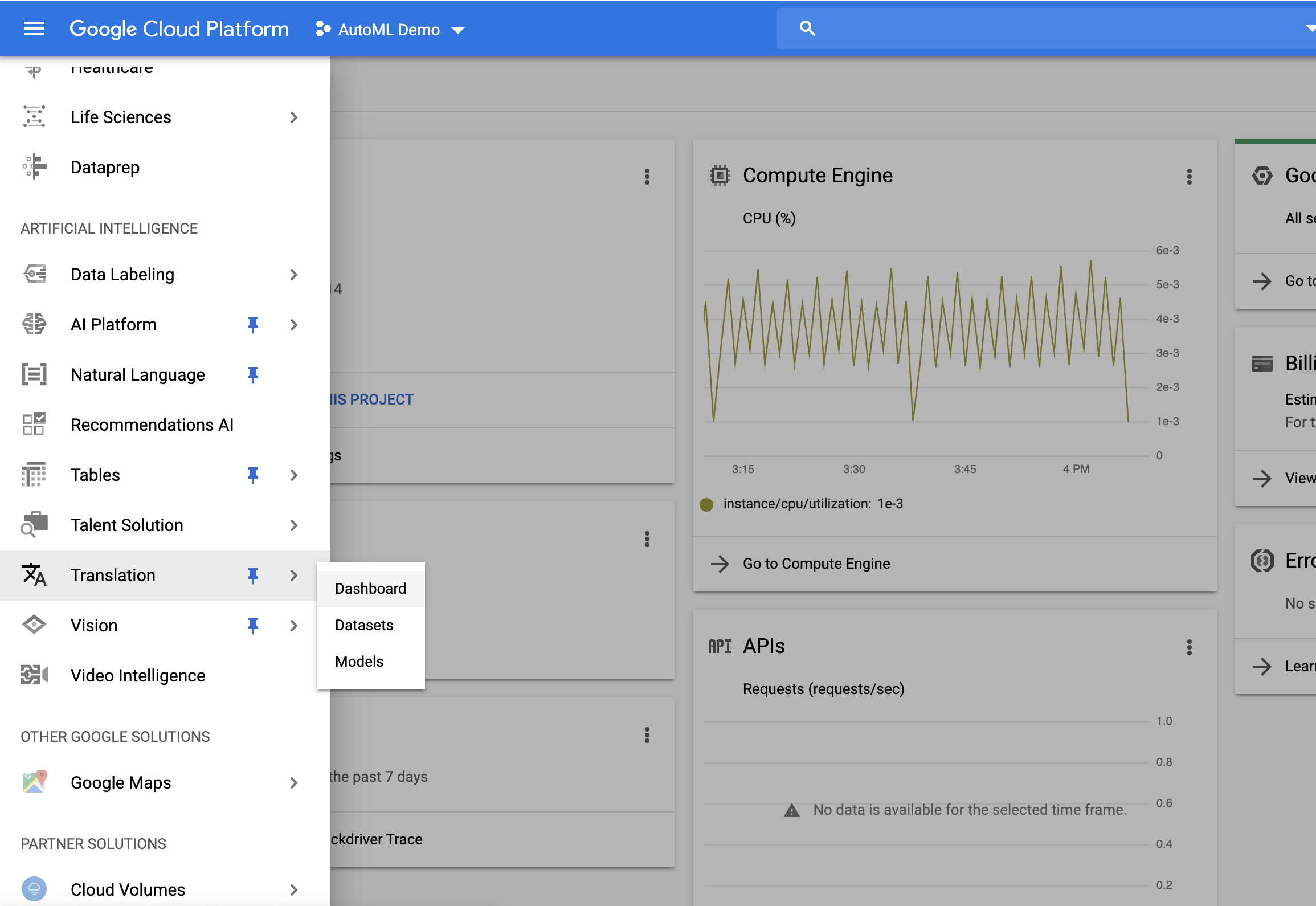 On the GCP console page, scroll down to “Artificial Intelligence” and select “Translation”.