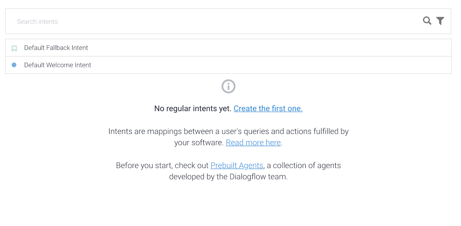 Every agent comes preset with a “Default Fallback Intent” and a “Default Welcome Intent”