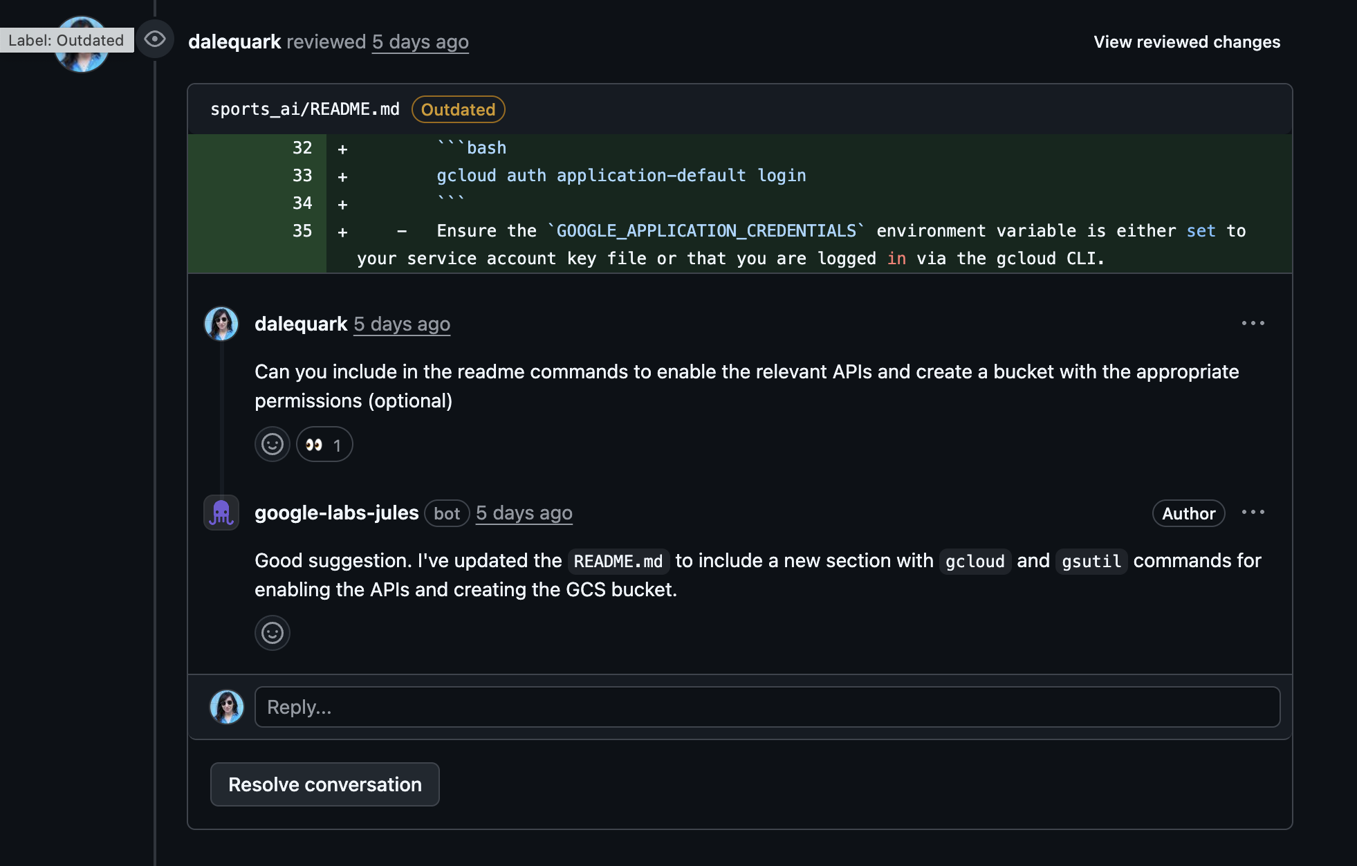 Screenshot of a GitHub pull request comment showing a user's feedback to an AI-generated code change.