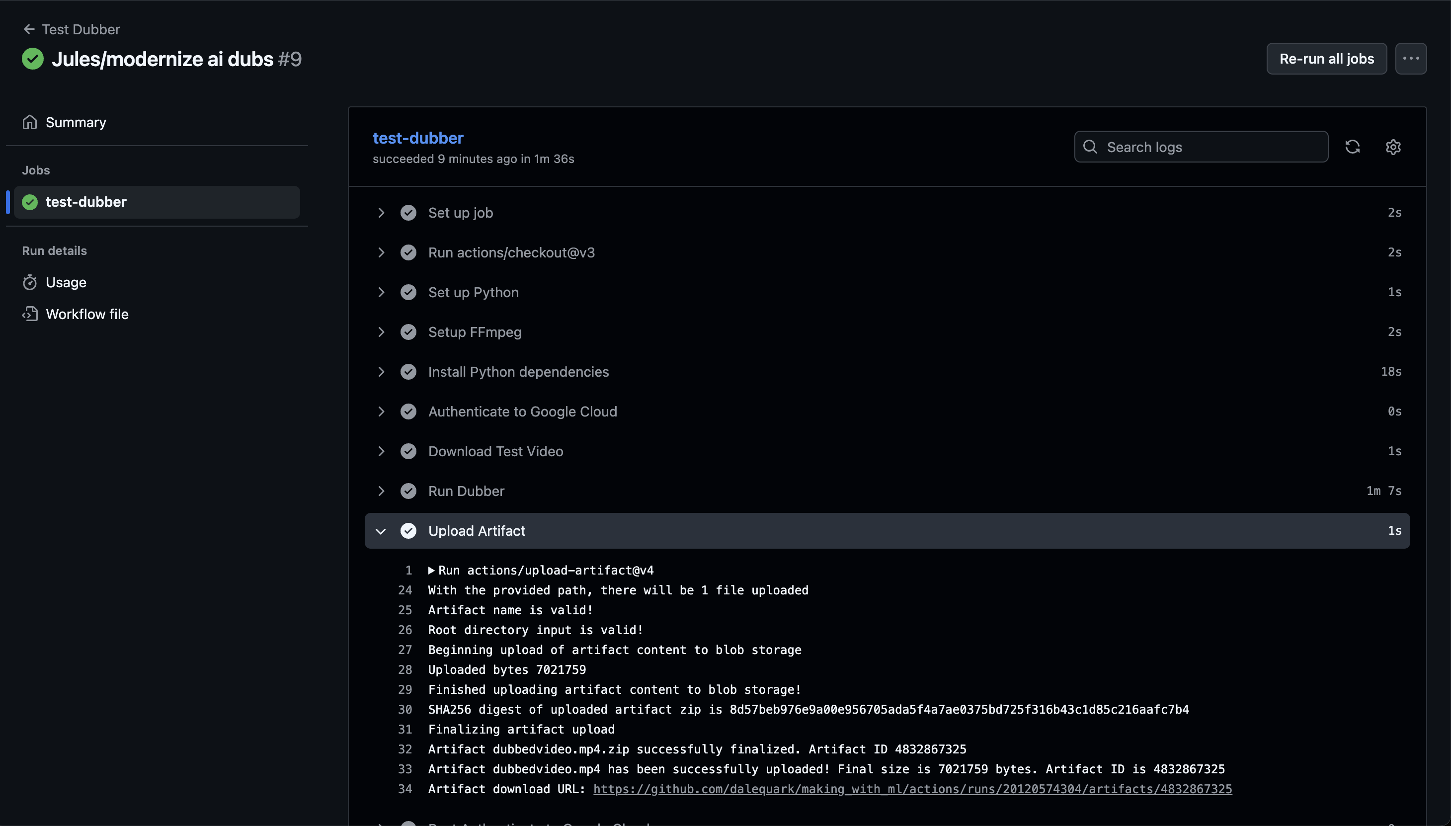 Screenshot showing GitHub actions running AI-generated tests.