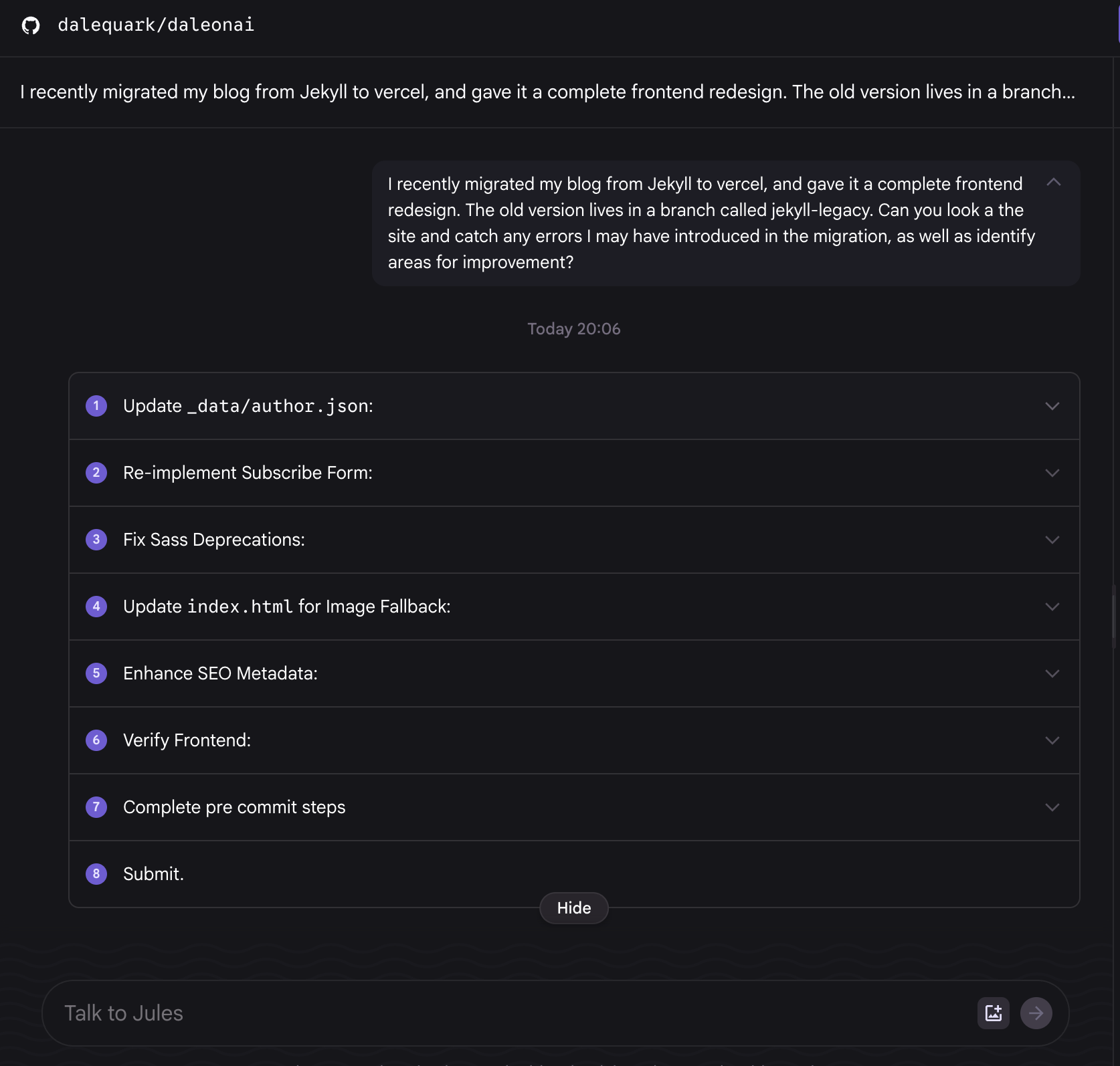 Screenshot showing Jules inspecting a static site.