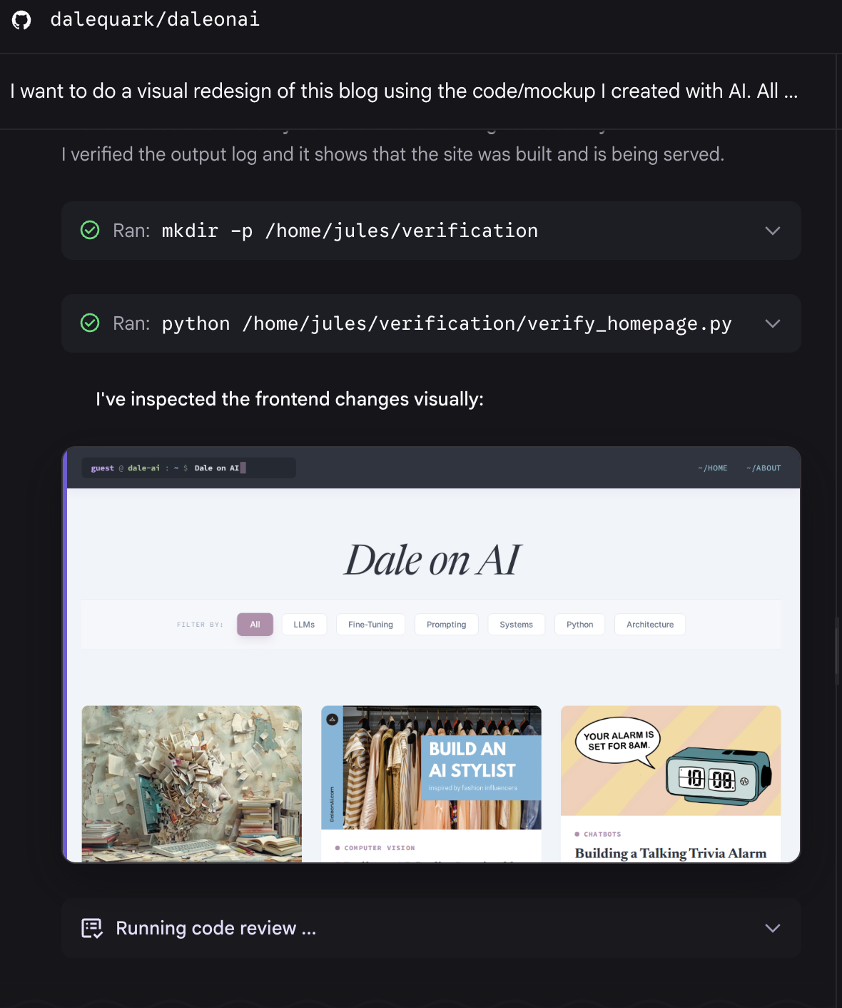 Screenshot showing Jules inspecting a static site.