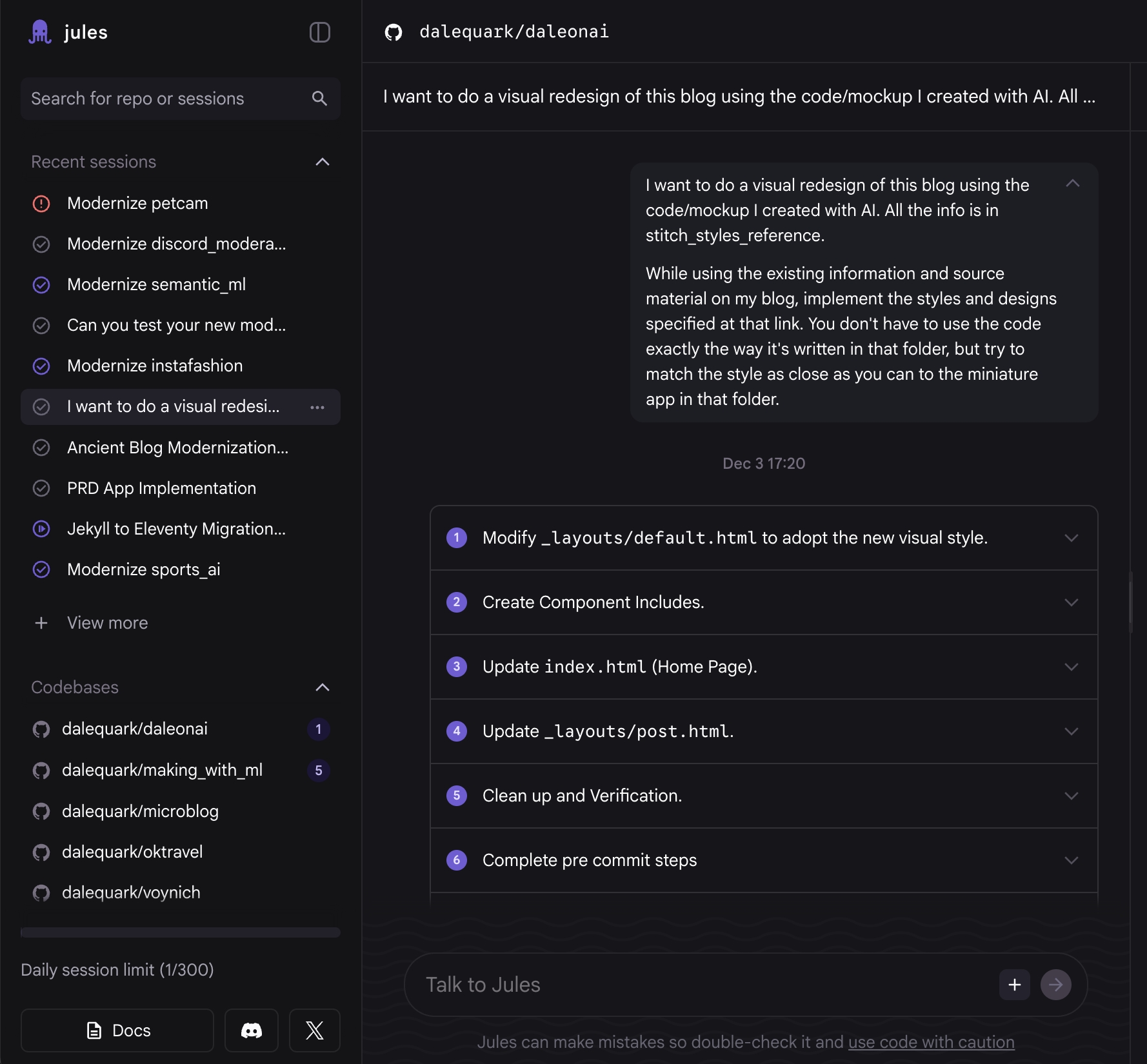 Screenshot showing Jules applying style changes to a site.