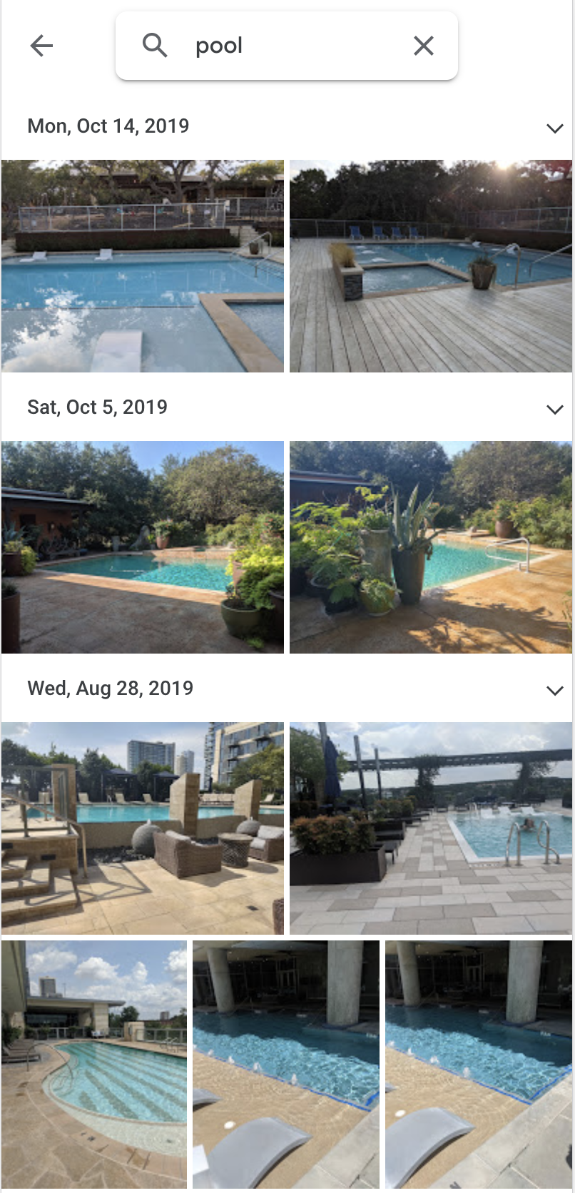 The Google Photo App showing results for the query "pool".